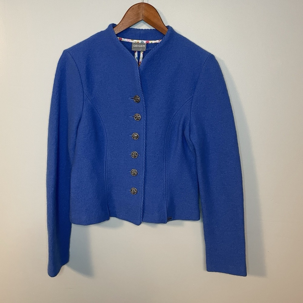 Vintage Geiger Jacket Womens 38 Blue Pure New Wool Floral‎ Button Front